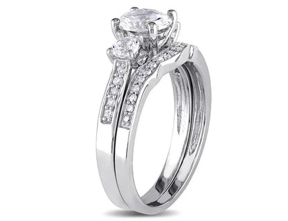 1 1/3 Carat (ctw) Lab-Created White Sapphire with Diamond Bridal Wedding Set Engagement Ring in 10K White Gold