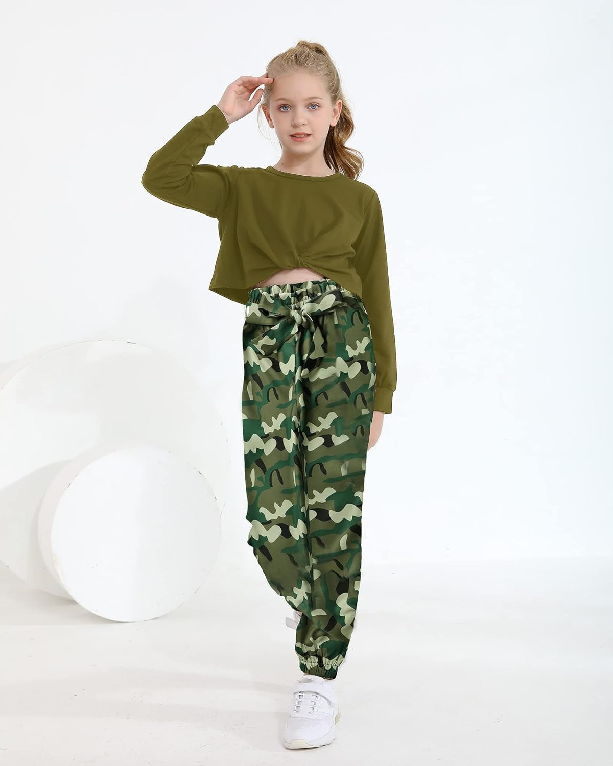 Cute Clothes for Girls Sweatsuit 2 Piece Outfits Kids Twist Front Crop Top Camo Sweatpants Tween Girls Clothing Set