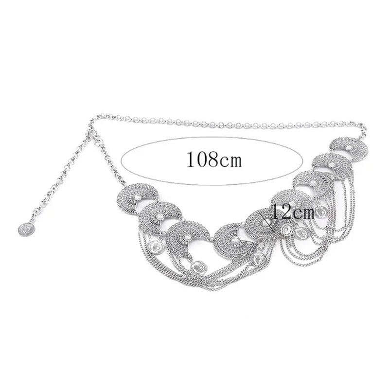 Women Belly Dance Belt Waist Metal Crystal Coin Tassel Body Chain Jewelry