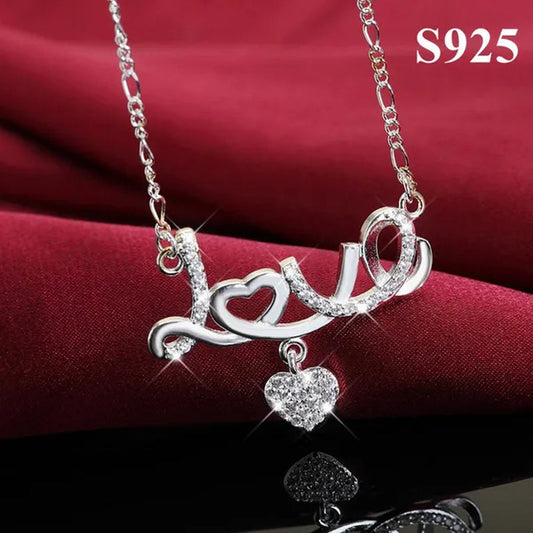 Pretty Women's 925 Sterling Silver Heart Beautiful LOVE Pendant Diamonds Necklace(with Chain)