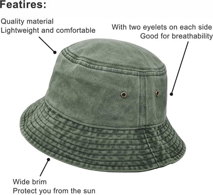 Bucket Hat, Wide Brim Washed Denim Cotton Outdoor Sun Hat Flat Top Cap for Fishing Hiking Beach Sports