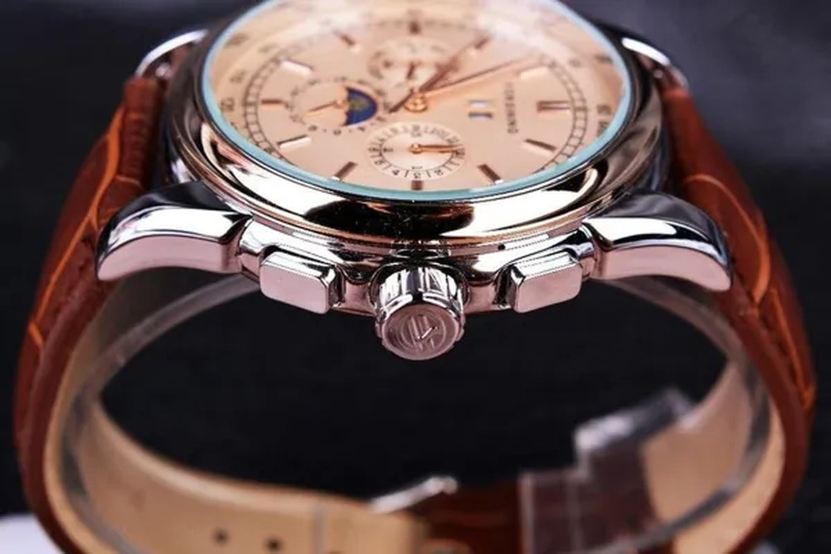 Forsining Moon Phase Shanghai Movement Rose Gold Case Brown Bracelet en cuir véritable Montres pour hommes Top Brand Luxury Auotmatic Watch