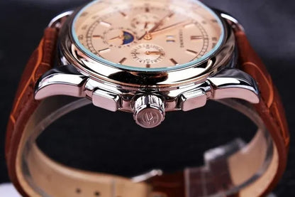Forsining Moon Phase Shanghai Movement Rose Gold Case Brown Bracelet en cuir véritable Montres pour hommes Top Brand Luxury Auotmatic Watch