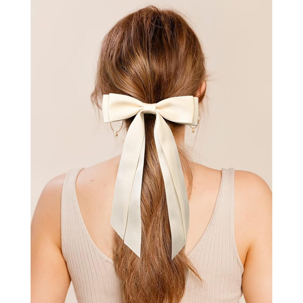 2PCS Silky Satin Hair Bows Hair Clip Beige Hair Ribbon Ponytail Holder Accessories Slides Metal Clips Hair Bow for Women Girls Toddlers Teens Kids