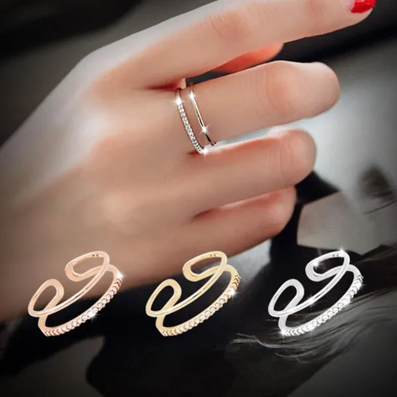 Silver Double Micro-mosaic Zircon Open Adjustable Rings