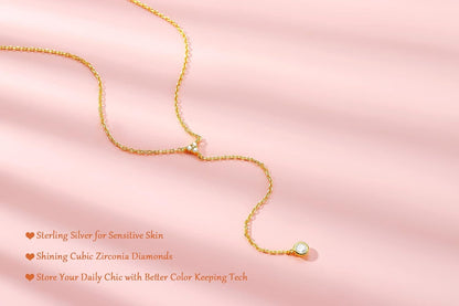 Handmade Sterling Silver Lariat Necklace, Simulated Diamond 18K Gold Plated Dainty Drop Y Chain Necklace for Women (Gold)