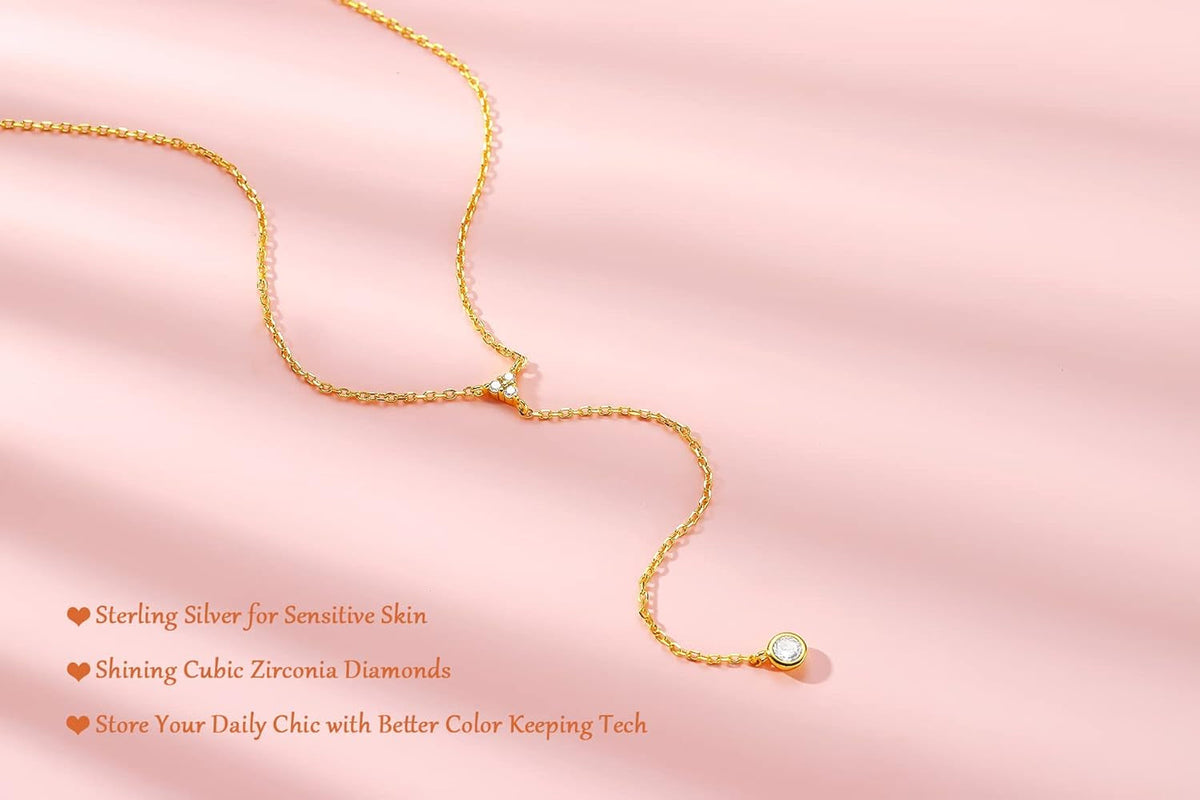 Handmade Sterling Silver Lariat Necklace, Simulated Diamond 18K Gold Plated Dainty Drop Y Chain Necklace for Women (Gold)