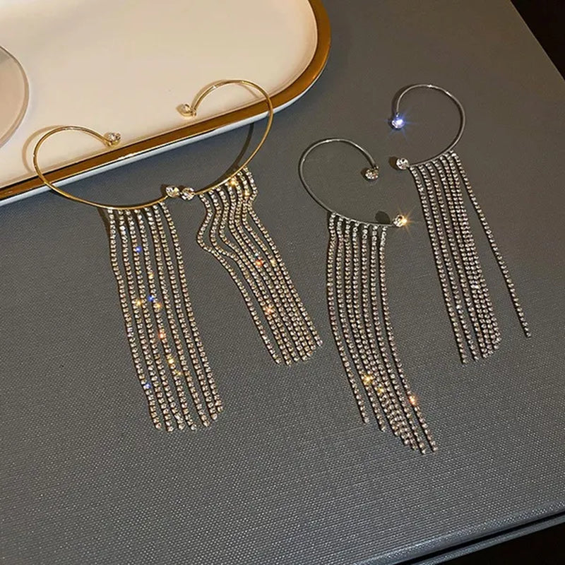 1Pc New Sparkling Diamond Tassel Ear Cuff Dangle Tassel Ear Cuff Earrings without Pierced
