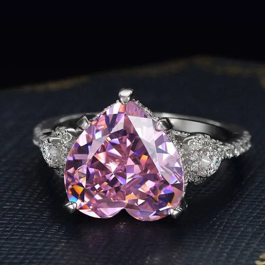 Luxury Silver Plated Simulated Pink Heart-shaped Lab Diamond Engagement Ring with Side Stones Promise Bridal Ring
