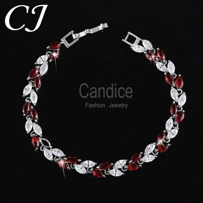 CANDICE 100% Real Silver Female Jewelry Simple Leaf Shape Multicolor Cubic Zirconia Strand Bracelet For Lady