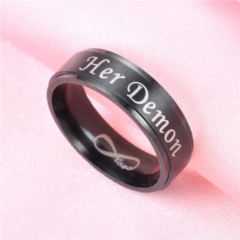 Fashion 'His Angel' 'His Angel' Stainless Steel Couples Ring Wedding Ring Gifts For Lovers (Style: Black-'Her Demon' For Men, Rose Gold-'His Angel')