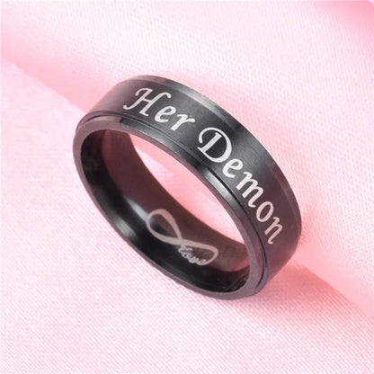 Fashion 'His Angel' 'His Angel' Stainless Steel Couples Ring Wedding Ring Gifts For Lovers (Style: Black-'Her Demon' For Men, Rose Gold-'His Angel')