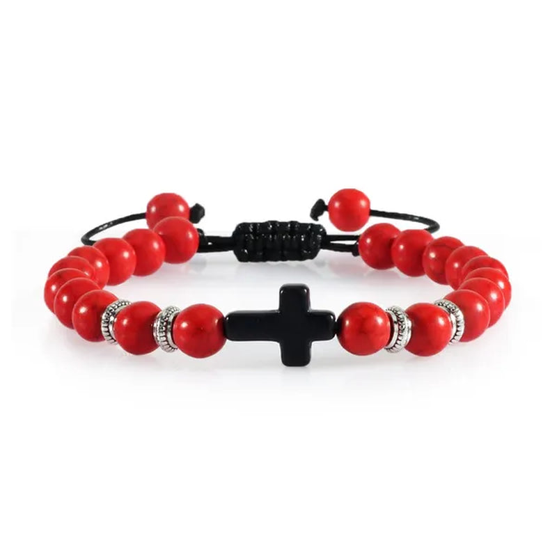 Handmade Natural Stone Wooden Beaded Bracelet Christian Jesus Cross Braided Bracelets Men Women Prayer Yoga Jewelry Gift