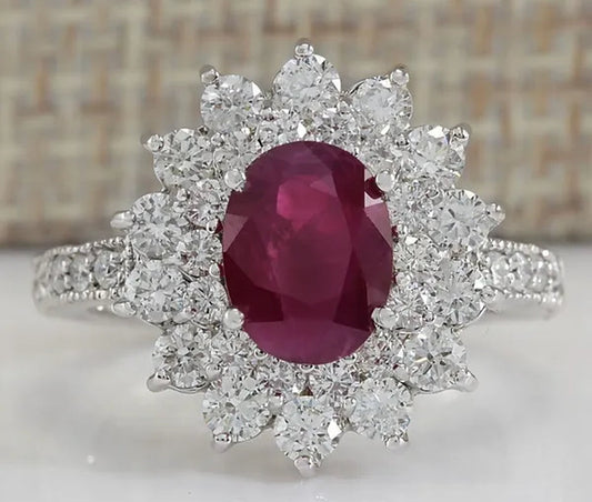 Noble Brand Jewelry Natural 5.86CT Red Ruby Gemstone 925 Sterling Silver Ring