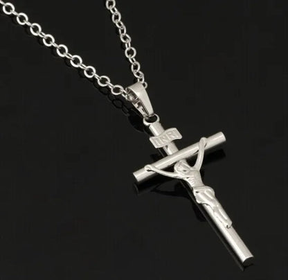18K GOLD FILLED JESUS CHRIST CRUCIFIX CROSS PENDANT CHAIN NECKLACE WHITE GOLD PLATED