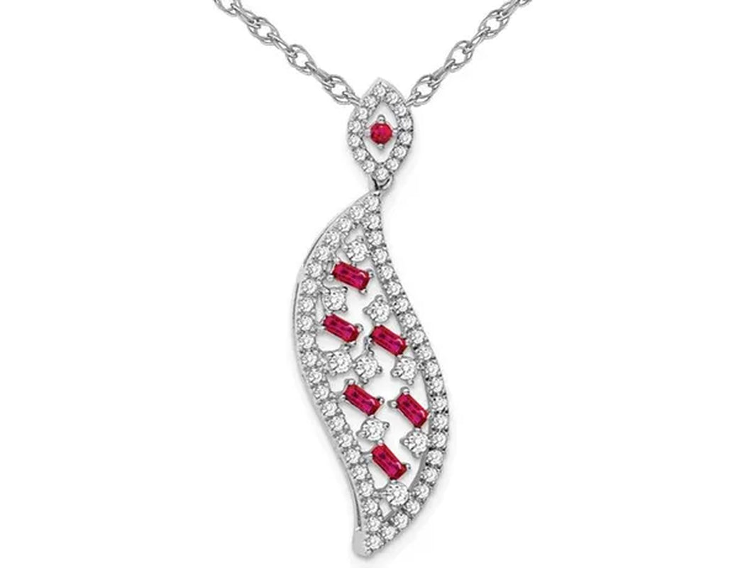 2/5 Carat (ctw) Baguette Ruby Pendant Necklace in 14K White Gold with Diamonds and Chain
