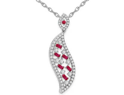 2/5 Carat (ctw) Baguette Ruby Pendant Necklace in 14K White Gold with Diamonds and Chain