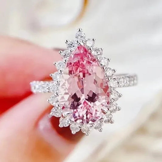 Luxurious High-quality Flower Shaped Silver Inlaid Dazzling Pink Zircon Women's Ring, Fashionable New Romantic Wedding Jewelry Accessories Christmas Gift, Anniversary Ring Valentine's Day Gift for Her