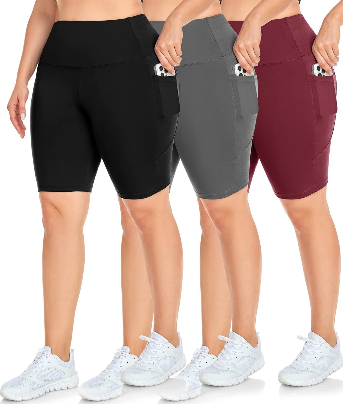 3 Pack plus Size Biker Shorts with Pockets for Women-High Waisted 8" Yoga Pants Workout Shorts