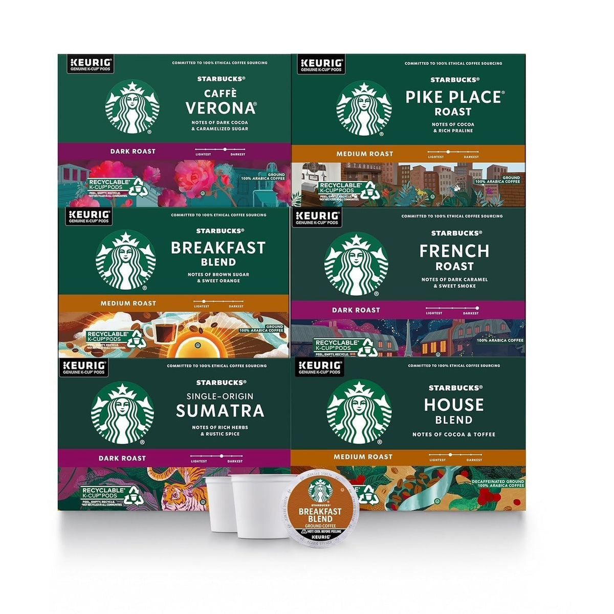 K-Cup Coffee Pods, Medium and Dark Roast Coffee Variety Pack for Keurig Brewers, 100% Arabica, 6 Boxes (60 Pods Total)