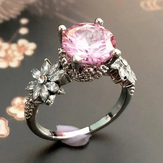 Women 925 Silver Plated Pink CZ Sapphire Wedding Birthstone Bride Flower Jewelry Ring Size 6-10