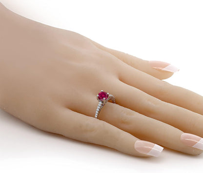 925 Sterling Silver Red Created Ruby and White Moissanite Engagement Ring for Women (1.73 Cttw, round 7MM, Available in Size 5, 6, 7, 8, 9)