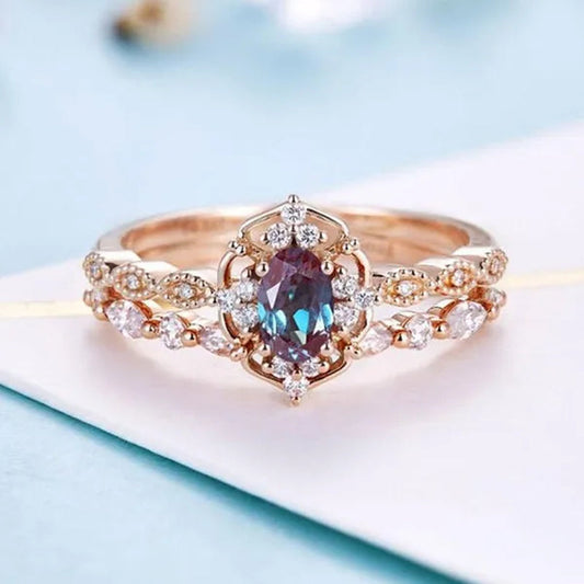 2pcs Vintage Alexandrite Engagement Ring Rose Gold color Wedding Ring  Antique Oval Cut Bridal Ring Art Deco Halo Ring Milgrain  Anniversary Ring Size 5-11 Bague Femme