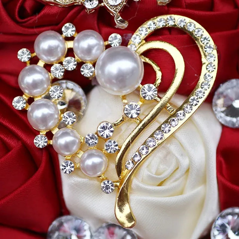 8 Inch Wine Red & Milk White Bridal  Bouquets Artificial Satin Rose Gold Diamond Brooch Bride Holding Flowers Party Valentine Bouquet