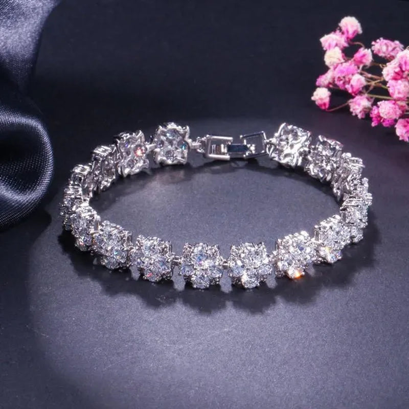 CANDICE Fashion Wonem Sterling Silver Plated Charm Flower Jewelry with Blue Crystal Stone Wedding Bracelet Bangle for Ladies Fine Jewelry