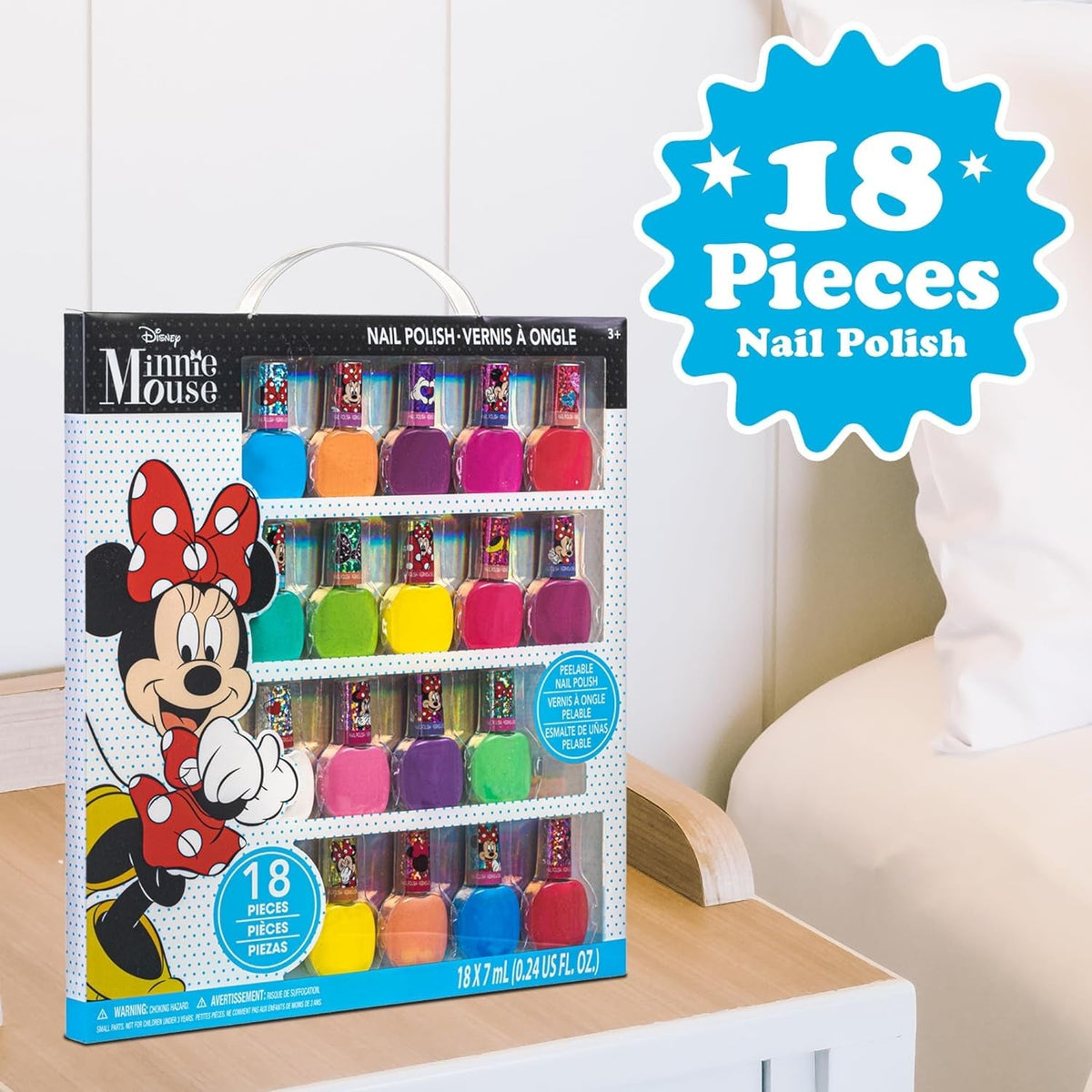 Disney Minnie Mouse Non-Toxic Peel-Off Nail Polish Set for Girls, Glittery and Opaque Colors,18 Pcs|Perfect for Parties Sleepovers Makeovers| Birthday Gift for Girls 3 Yrs+
