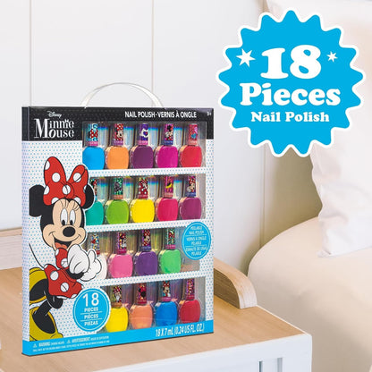 Disney Minnie Mouse Non-Toxic Peel-Off Nail Polish Set for Girls, Glittery and Opaque Colors,18 Pcs|Perfect for Parties Sleepovers Makeovers| Birthday Gift for Girls 3 Yrs+