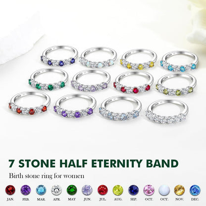 925 Sterling Silver Birthstone Rings for Women Created Gemstone Half Eternity Band 7 Stone Cubic Zirconia Wedding Band Birthstone Jewelry Size 6-10