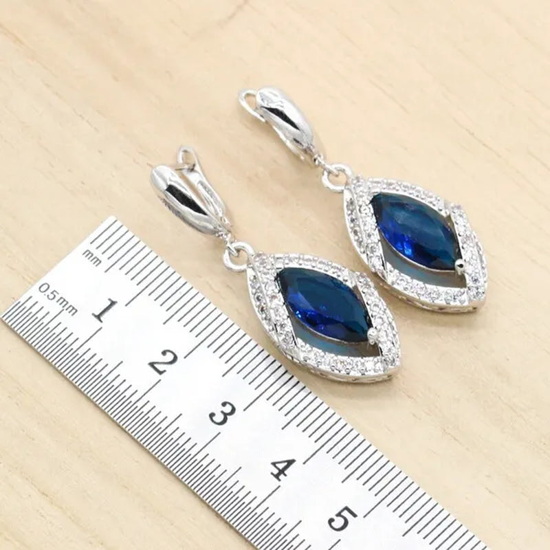Royal Blue Stones Silver Color Jewelry Sets for Women Necklace Earrings Bracelet Ring Bridal Birthday Gift