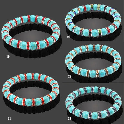 Blue turquoise and green point hand natural Vintage bracelet rhinestone rope men's and women's elastic casual bracelet prayer yoga pendant jewelry