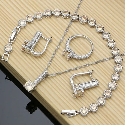 Korea Style 925 Sterling Silver Jewelry Sets Champagne Topaz Wedding Women Earrings/Pendant/Necklace/Ring/Bracelets