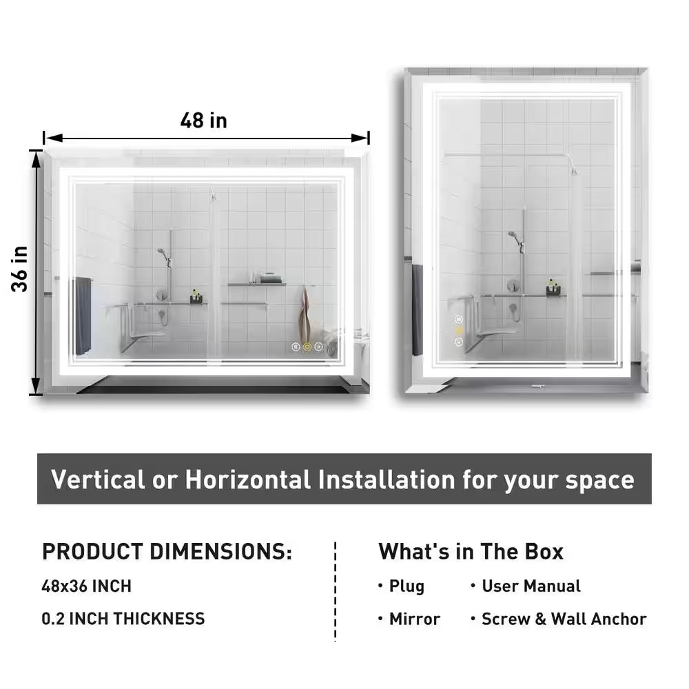 RS 48 In. W X 36 In. H Rectangular Beveled Edge 3 Colors Dimmable LED Anti-Fog Memory Wall Mount Bathroom Vanity Mirror