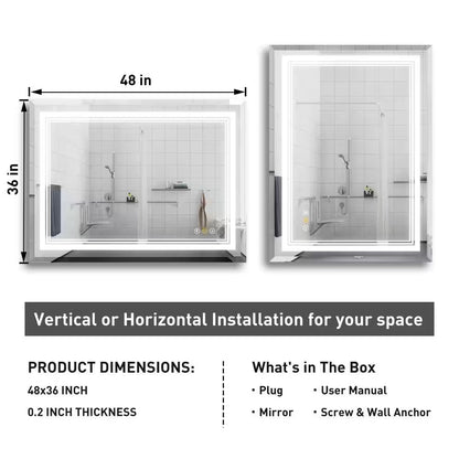 RS 48 In. W X 36 In. H Rectangular Beveled Edge 3 Colors Dimmable LED Anti-Fog Memory Wall Mount Bathroom Vanity Mirror