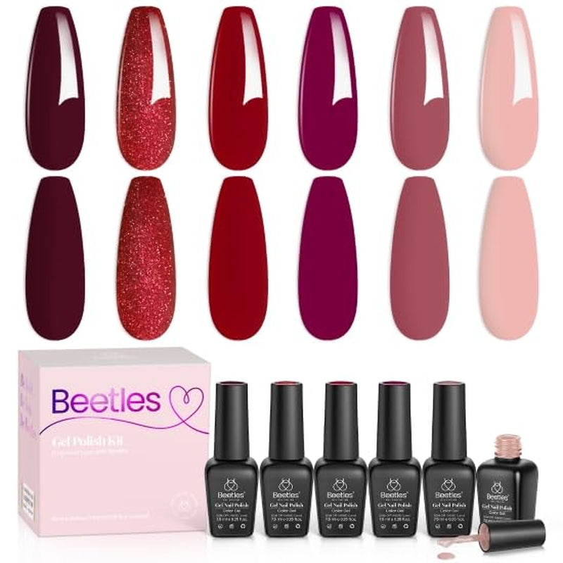 Beetles Gel Nail Polish Set, 6 Retro Colors Old School Collection Soak Off UV Gel Polish Red Yellow Blue Orange Green Gel Polish Nail Art Design Spring Manicure Kit Salon DIY Gifts for Women Girls