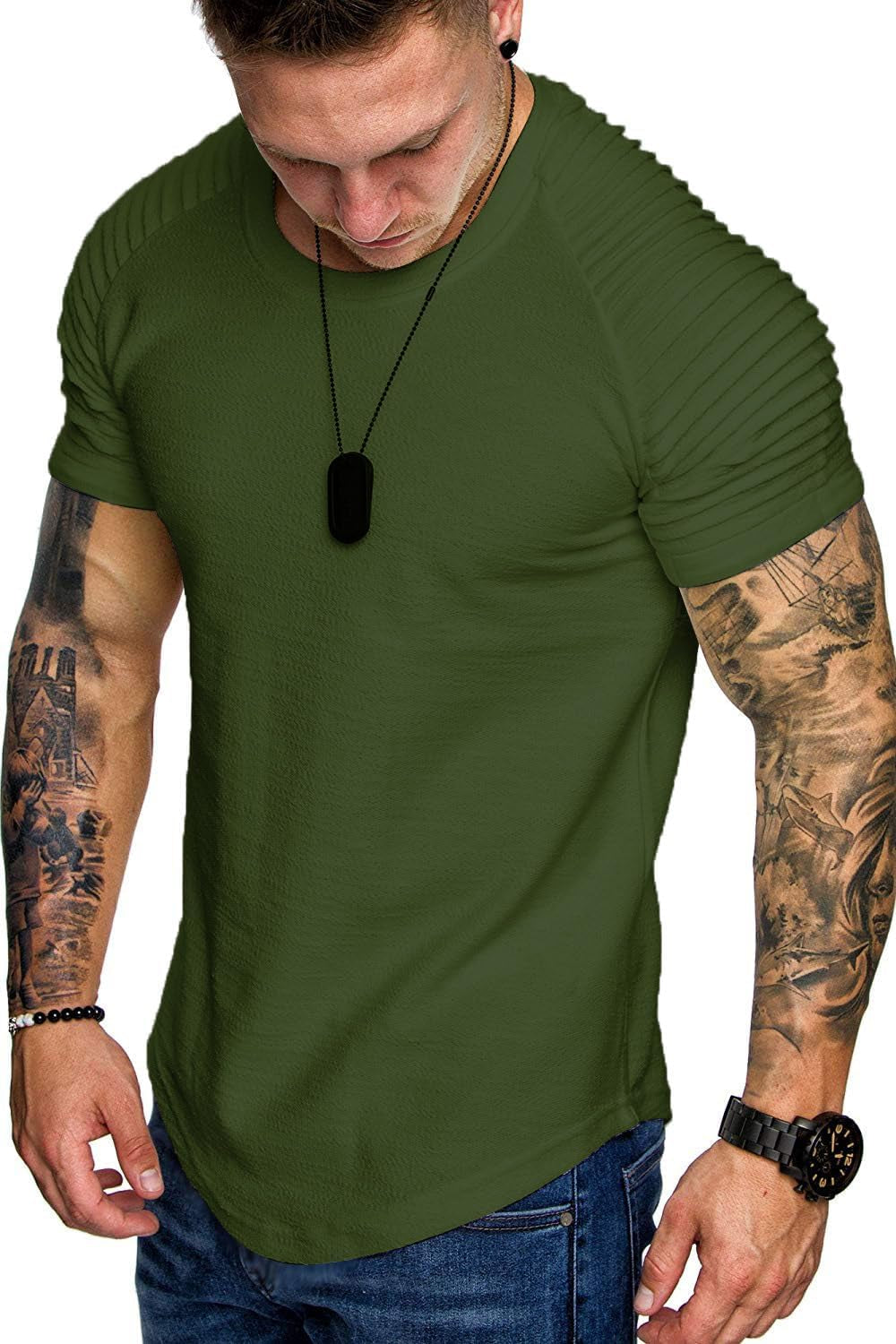 Men'S Muscle T-Shirt Pleated Raglan Sleeve Bodybuilding Gym Tee Short Sleeve Fashion Workout Shirts Hipster Shirt