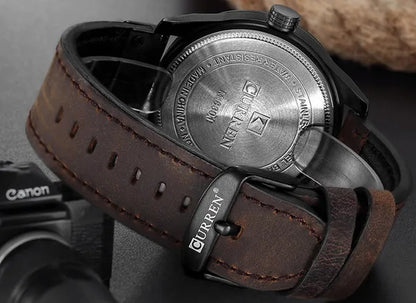 CURREN Men Watch Army Military Sports Watches Black Case Leather Strap Waterproof Date Function