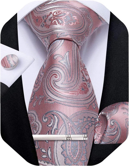 Paisley Ties for Men Silk Necktie and Pocket Square Cufflinks Tie Clip Set Woven Classic Mens Tie for Wedding Party