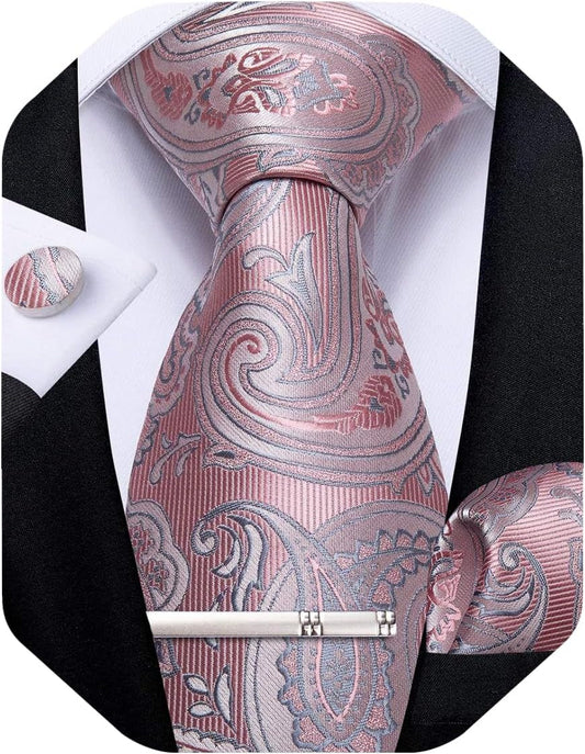 Paisley Ties for Men Silk Necktie and Pocket Square Cufflinks Tie Clip Set Woven Classic Mens Tie for Wedding Party