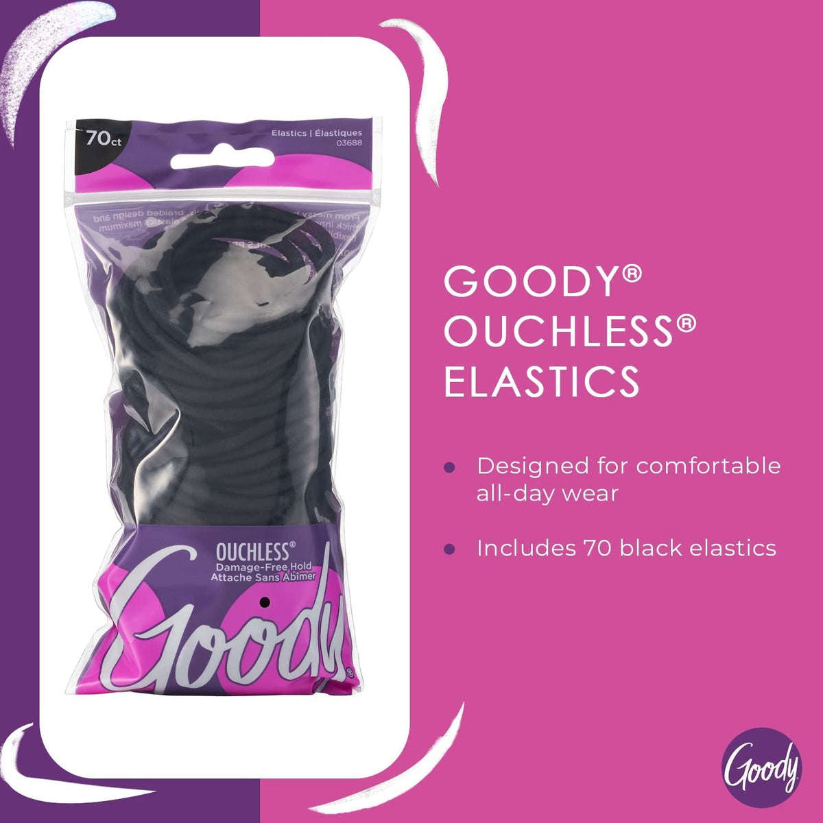 Ouchless Women'S Elastic Hair Ties - 70 Count, Black - 4MM for Medium Hair - Long-Lasting Braids, Ponytails, and More - Pain-Free Hair Accessories