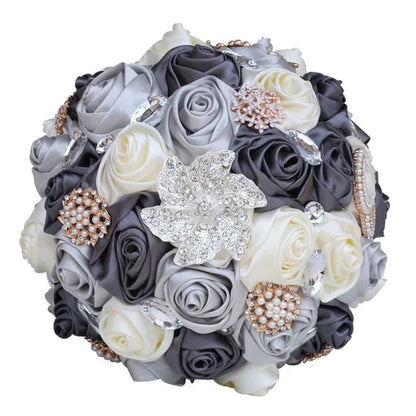 20CM Simulation Silk Rose Wedding Bouquet Diamond Pearl Brooch Bridal Bouquets Romantic Bridesmaid Holding Flowers