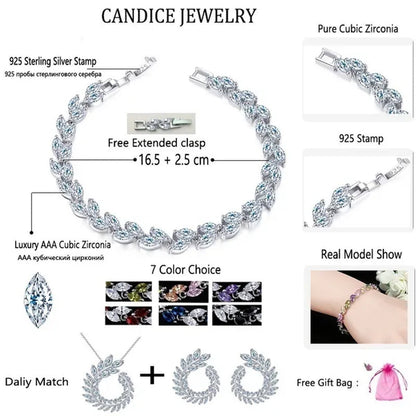 CANDICE 100% Real Silver Female Jewelry Simple Leaf Shape Multicolor Cubic Zirconia Strand Bracelet For Lady