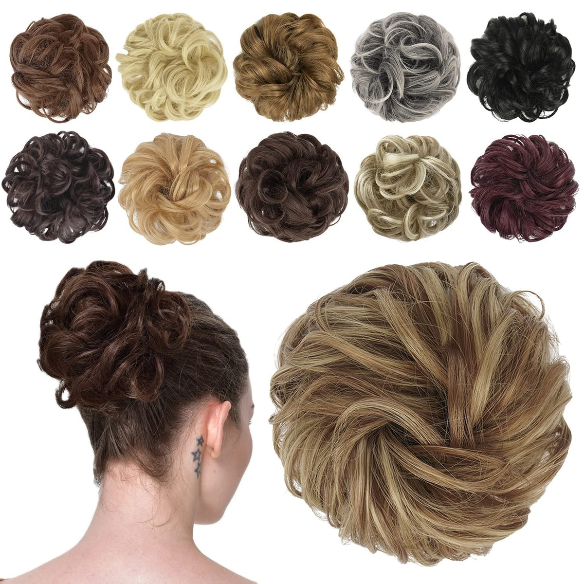 Messy Bun Hair Piece - Elastic Wavy Curly Hair Bun Scrunchies Extensions Synthetic Chignon Hairpieces for Women Girls, Brown & Blonde 1 PCS