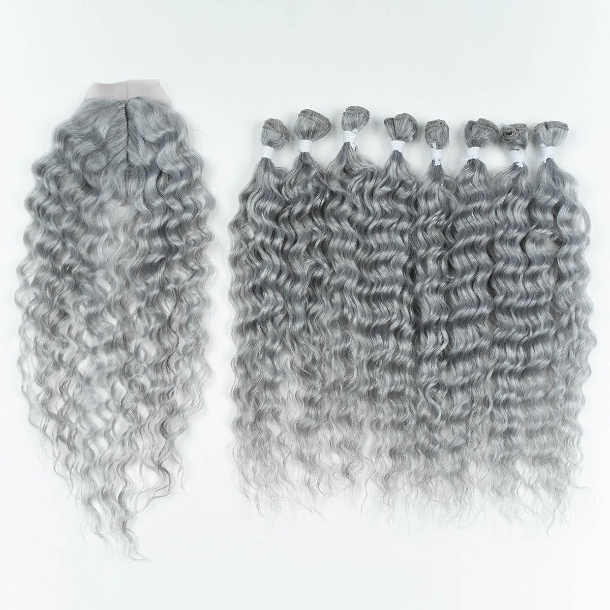 Gray Synthetic Hair 8 Bundles with Simple Closure Water Wave High Temperature Fiber Wavy Hair Weave 9PCS 20 Inches Grey Color 240G