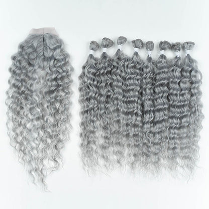 Gray Synthetic Hair 8 Bundles with Simple Closure Water Wave High Temperature Fiber Wavy Hair Weave 9PCS 20 Inches Grey Color 240G