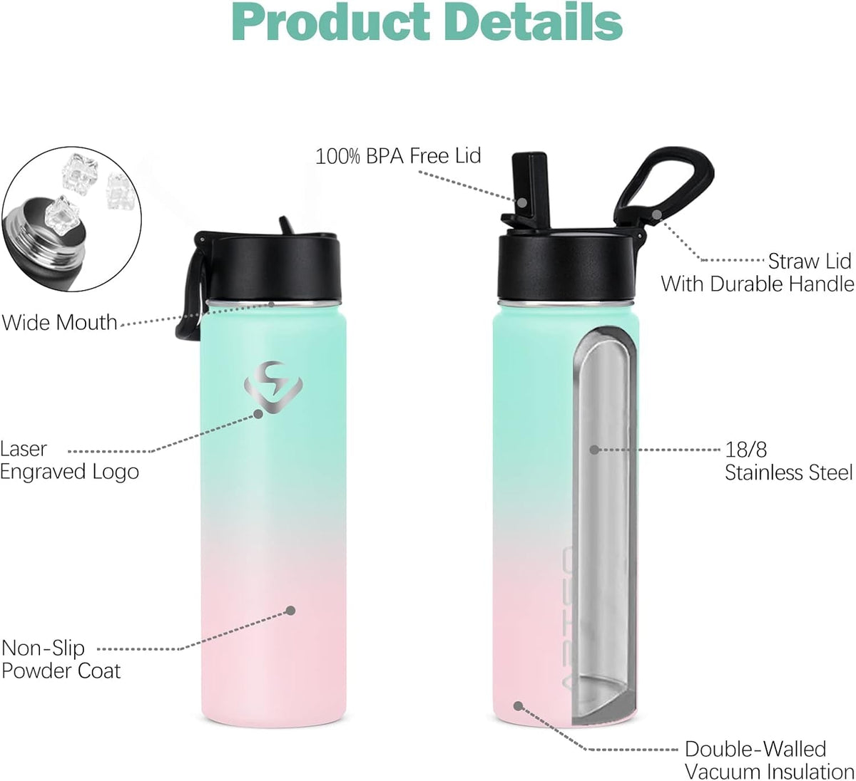 24Oz Stainless Steel Insulated Water Bottle with Straw & Two Lids,Double Walled Vacuum Insulated Leak Proof Hot Cold Water Bottles, Green/Pink Gradient