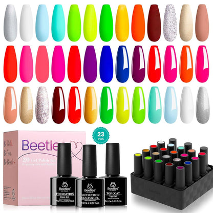 Beetles 23Pcs Gel Nail Polish Kit with Glossy Matte Top Coat and Base Coat Girls Night Collection White Nude Gray Glitters Gel Nail Polish Set U V Soak Off Holiday Manicure for Women Girls